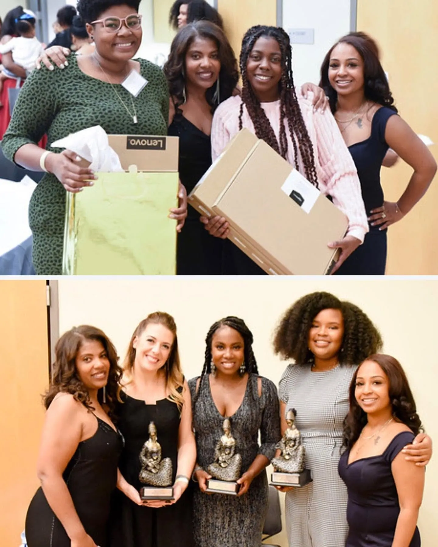 Two photographs: women posing with gift bags and a boxed laptop above, and five women posing with three holding statuettes below